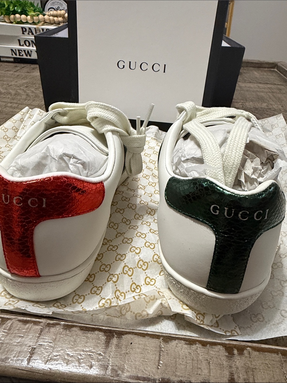 Gucci White Leather Low-Top Sneakers with Red & Green Heel Tabs